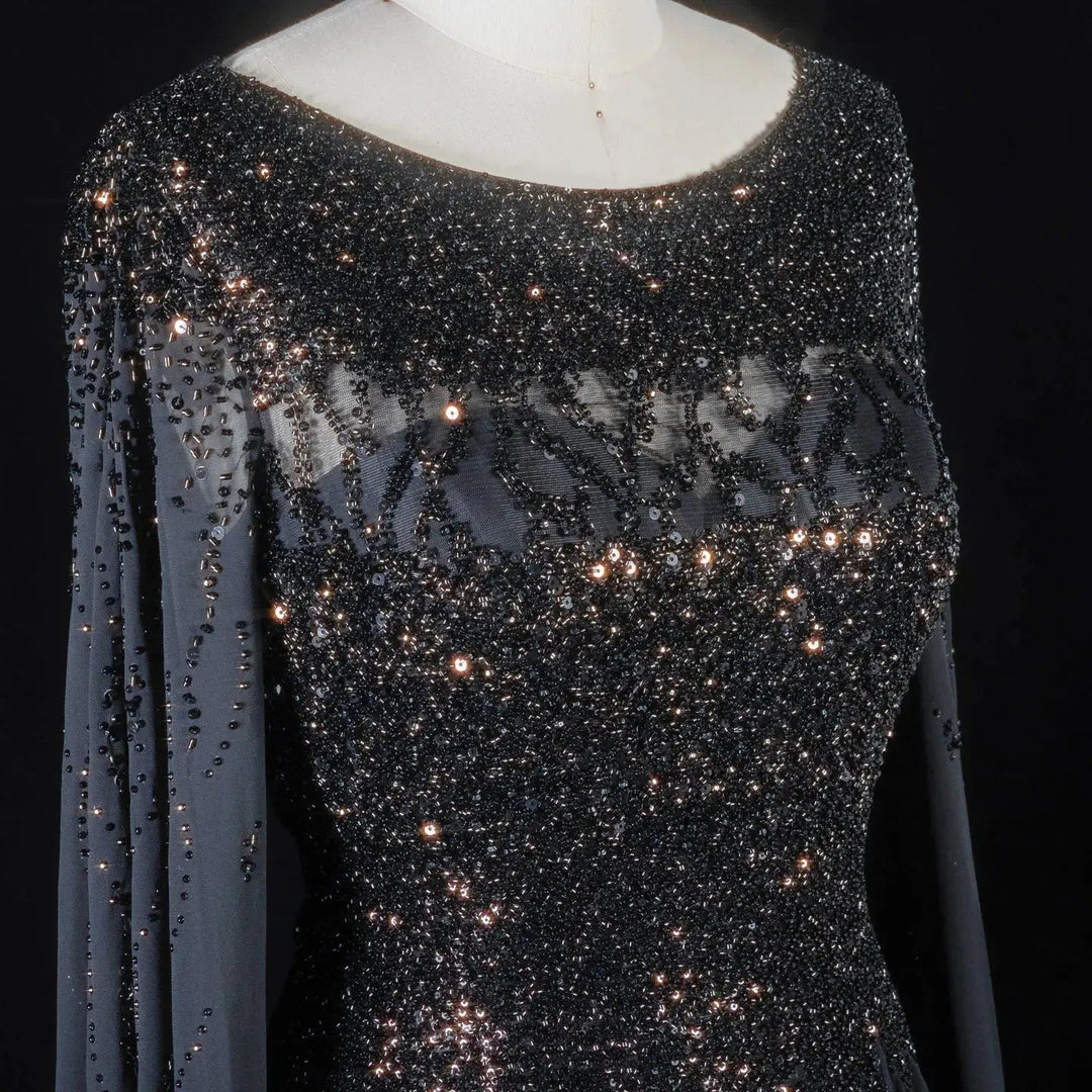 Elegant Beaded Cape Sleeve Chiffon A-Line Evening Dress SS105