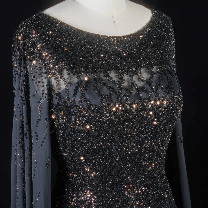 Elegant Beaded Cape Sleeve Chiffon A-Line Evening Dress SS105
