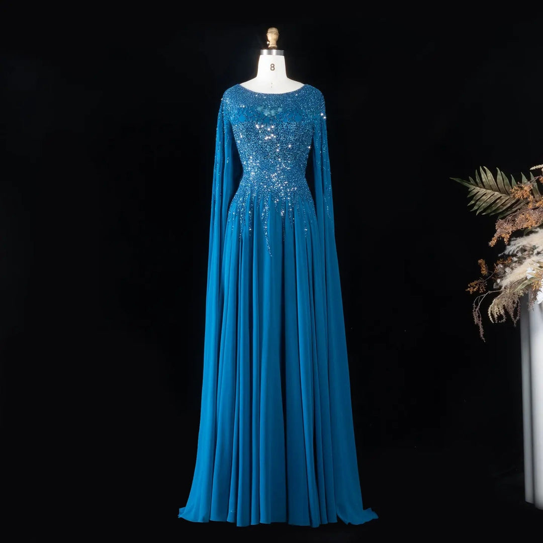 Elegant Beaded Cape Sleeve Chiffon A-Line Evening Dress SS105