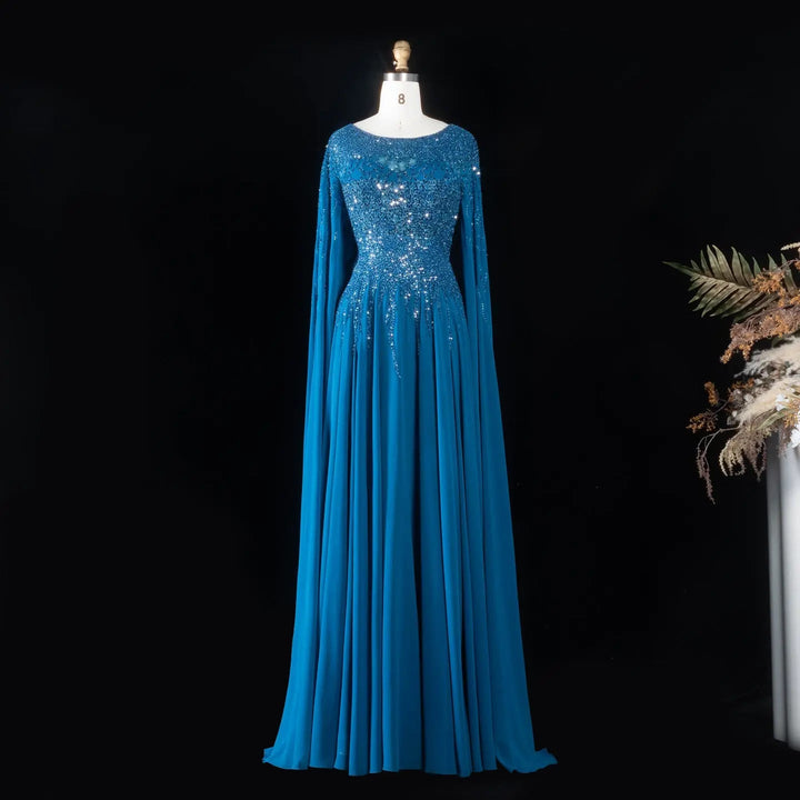Elegant Beaded Cape Sleeve Chiffon A-Line Evening Dress SS105