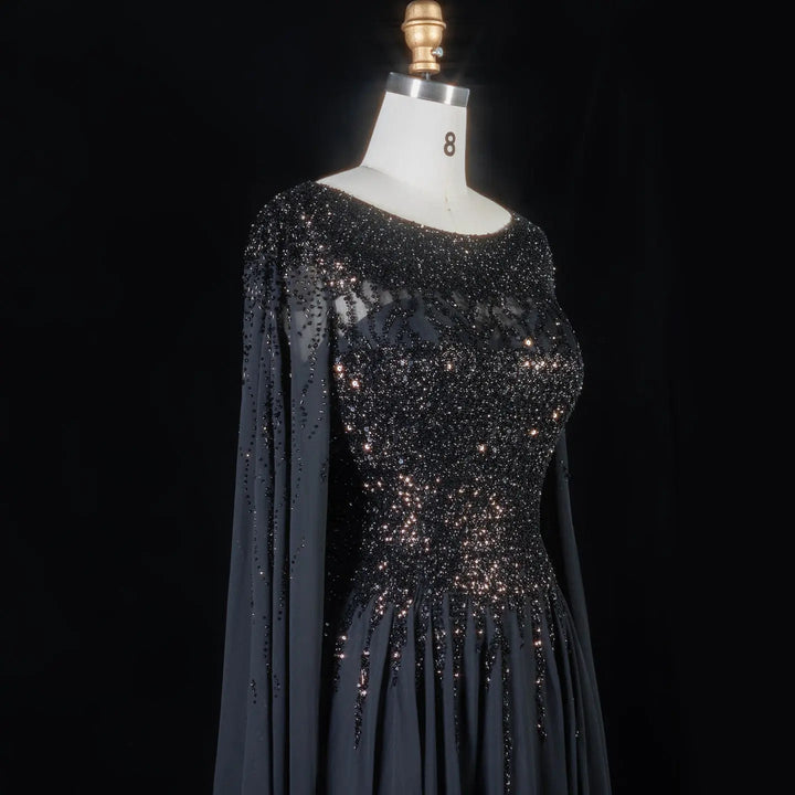 Elegant Beaded Cape Sleeve Chiffon A-Line Evening Dress SS105