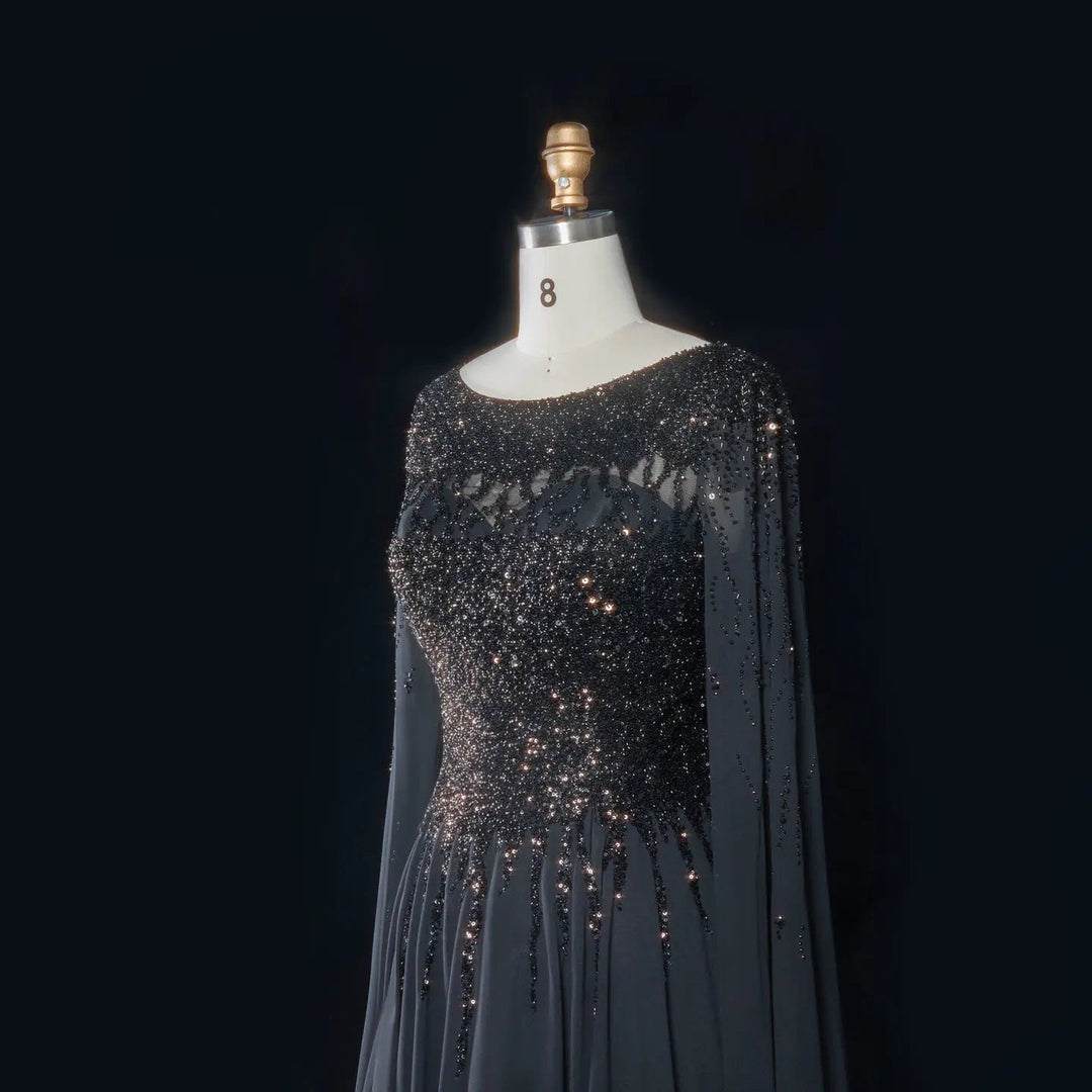 Elegant Beaded Cape Sleeve Chiffon A-Line Evening Dress SS105