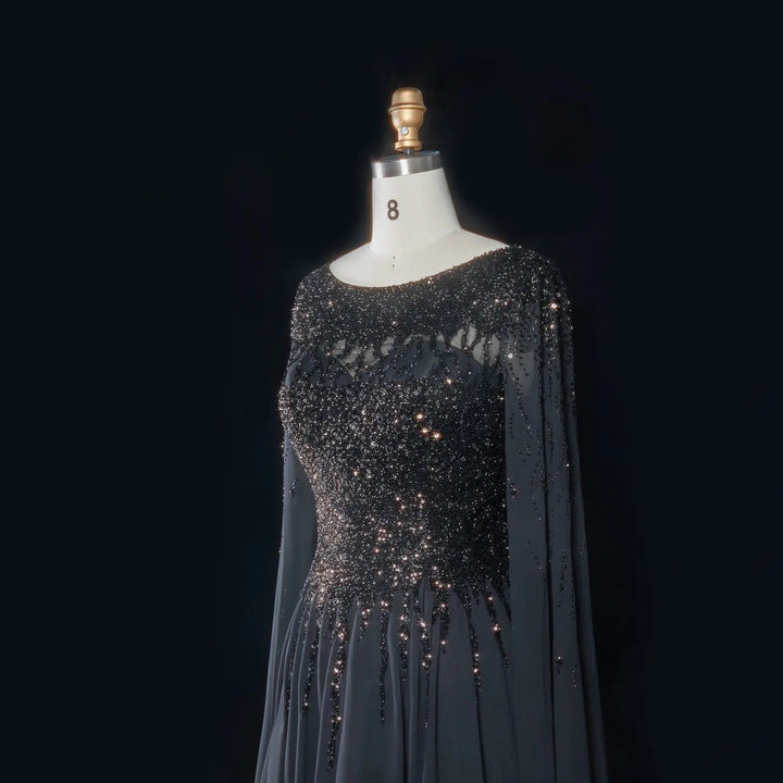 Elegant Beaded Cape Sleeve Chiffon A-Line Evening Dress SS105