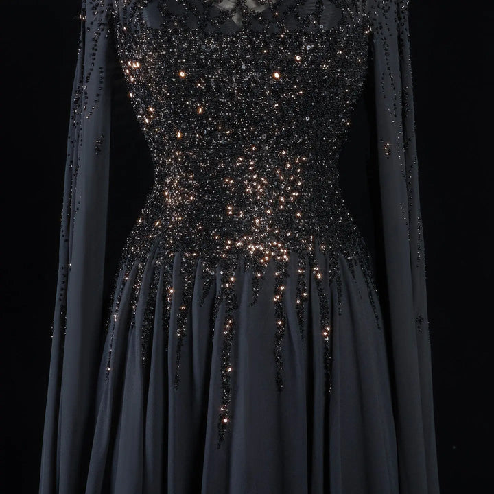 Elegant Beaded Cape Sleeve Chiffon A-Line Evening Dress SS105