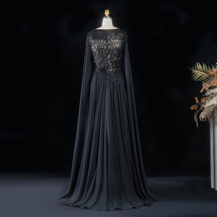 Elegant Beaded Cape Sleeve Chiffon A-Line Evening Dress SS105