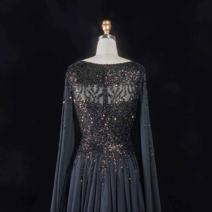Elegant Beaded Cape Sleeve Chiffon A-Line Evening Dress SS105