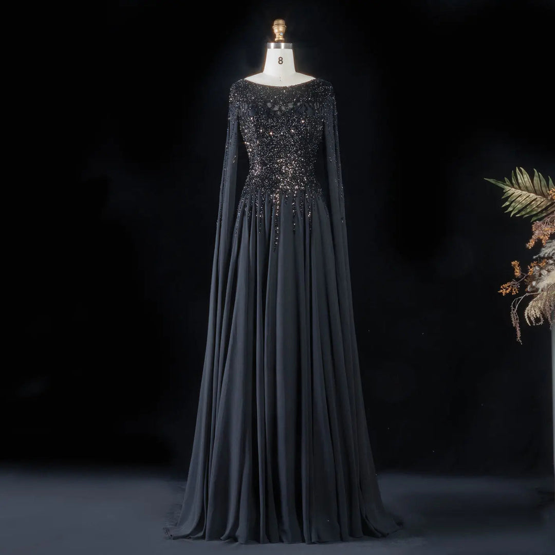 Elegant Beaded Cape Sleeve Chiffon A-Line Evening Dress SS105
