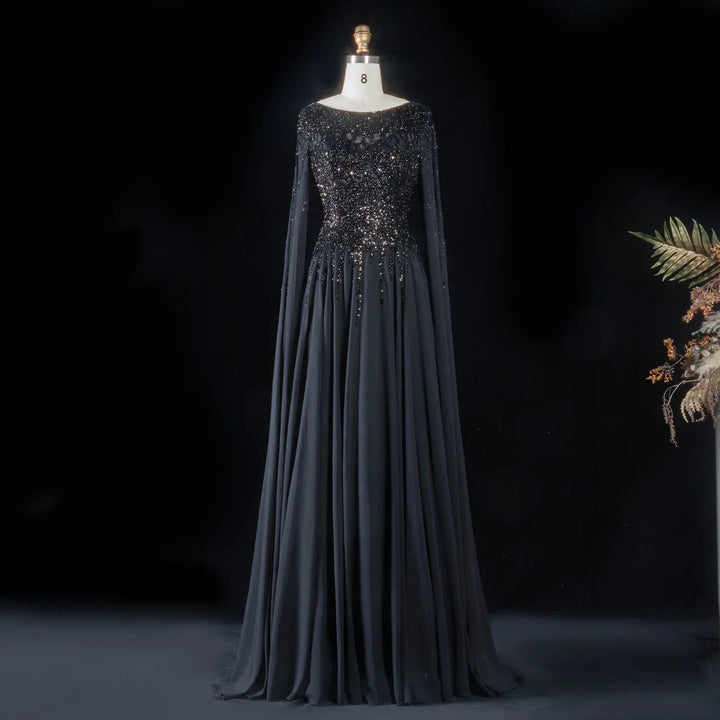 Elegant Beaded Cape Sleeve Chiffon A-Line Evening Dress SS105