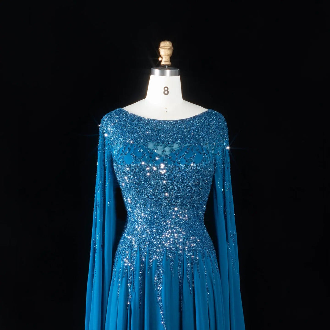 Elegant Beaded Cape Sleeve Chiffon A-Line Evening Dress SS105