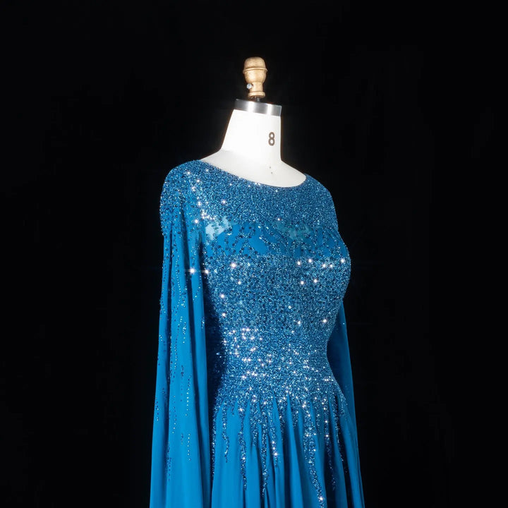 Elegant Beaded Cape Sleeve Chiffon A-Line Evening Dress SS105
