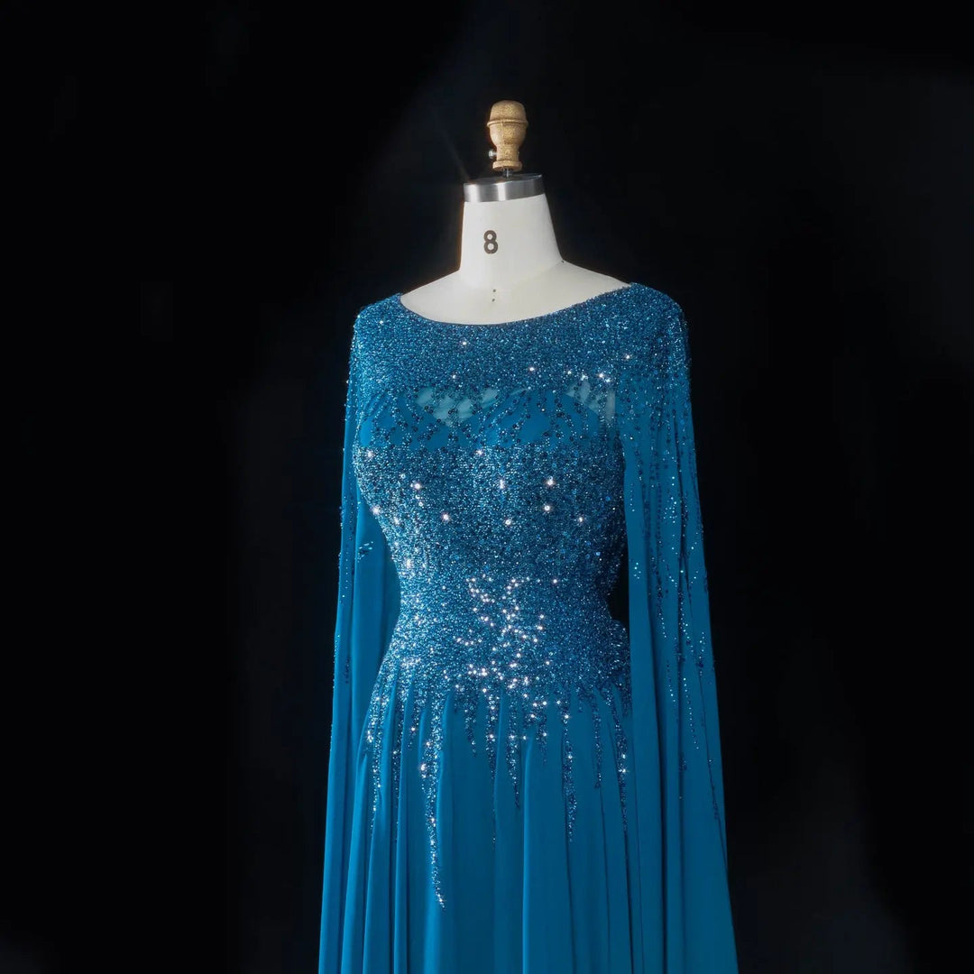 Elegant Beaded Cape Sleeve Chiffon A-Line Evening Dress SS105