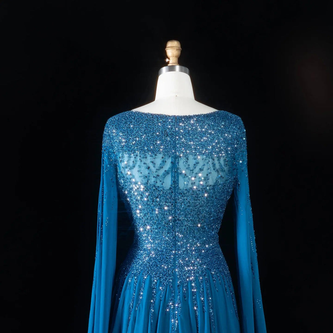 Elegant Beaded Cape Sleeve Chiffon A-Line Evening Dress SS105