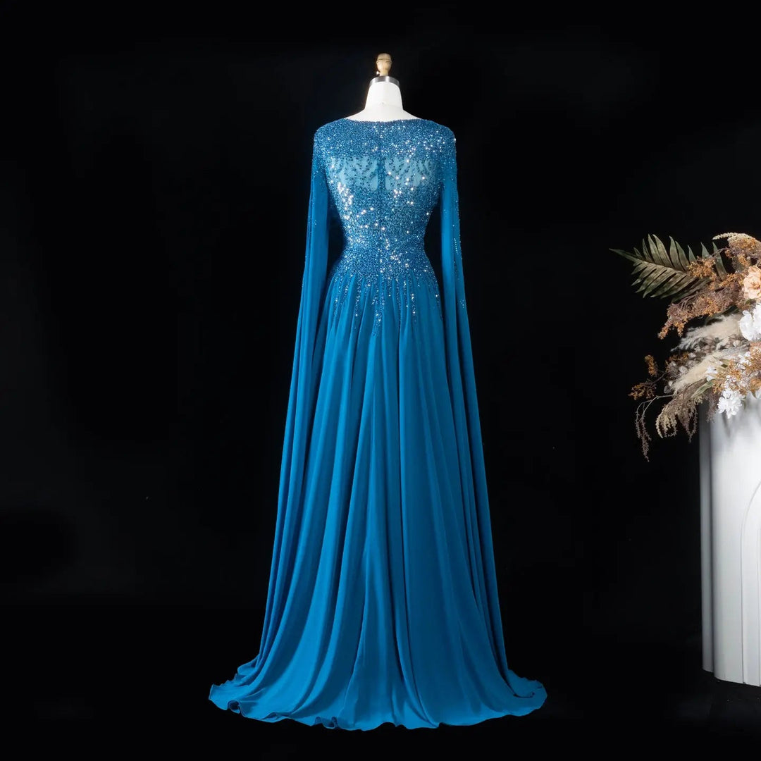 Elegant Beaded Cape Sleeve Chiffon A-Line Evening Dress SS105