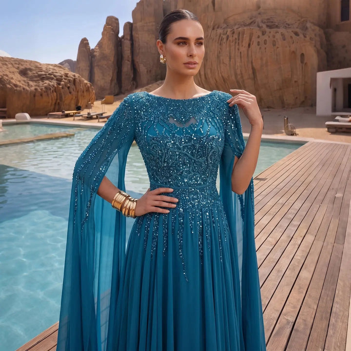 Elegant Beaded Cape Sleeve Chiffon A-Line Evening Dress SS105