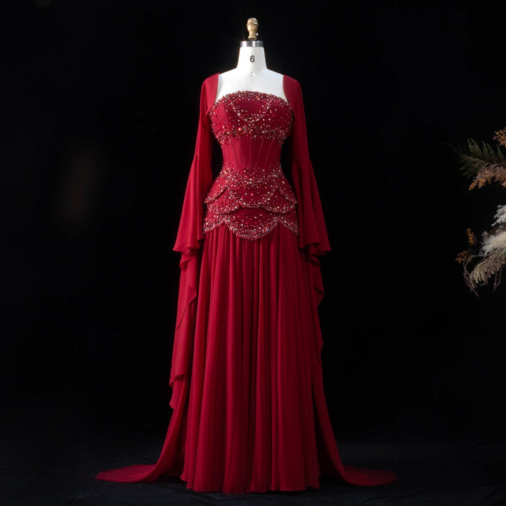 Luxury Pearls Tassel Blue Evening Dress with Flowing coat SS286