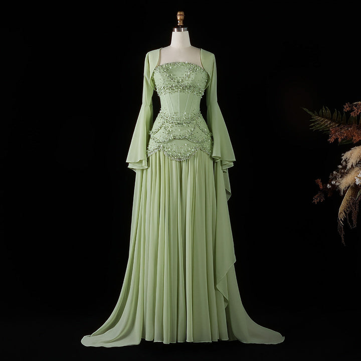 Luxury Pearls Tassel Blue Evening Dress with Flowing coat SS286