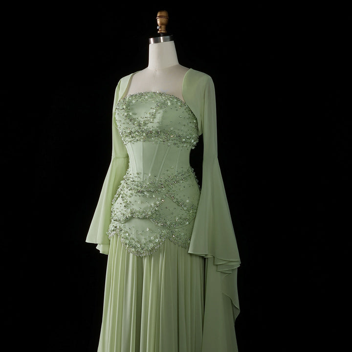 Luxury Pearls Tassel Blue Evening Dress with Flowing coat SS286