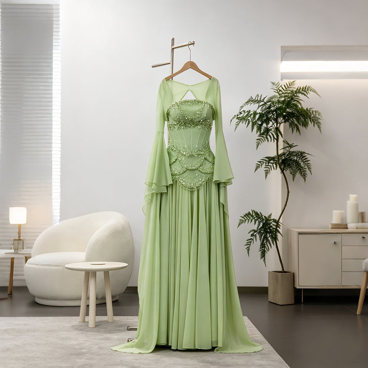 Luxury Pearls Tassel Blue Evening Dress with Flowing coat SS286