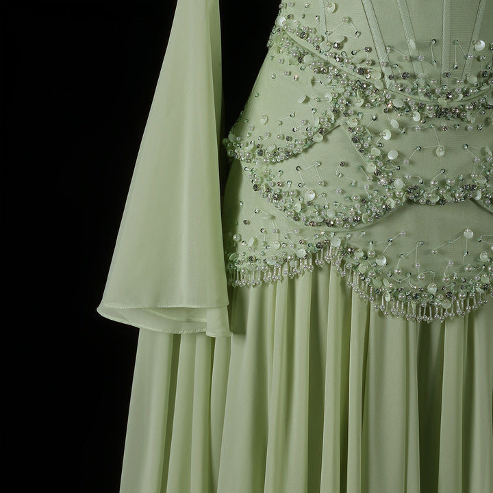 Luxury Pearls Tassel Blue Evening Dress with Flowing coat SS286