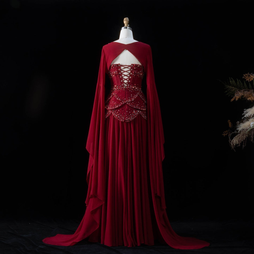 Luxury Pearls Tassel Blue Evening Dress with Flowing coat SS286