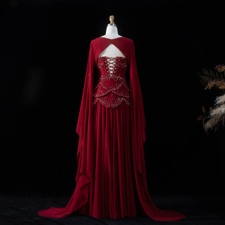Luxury Pearls Tassel Blue Evening Dress with Flowing coat SS286