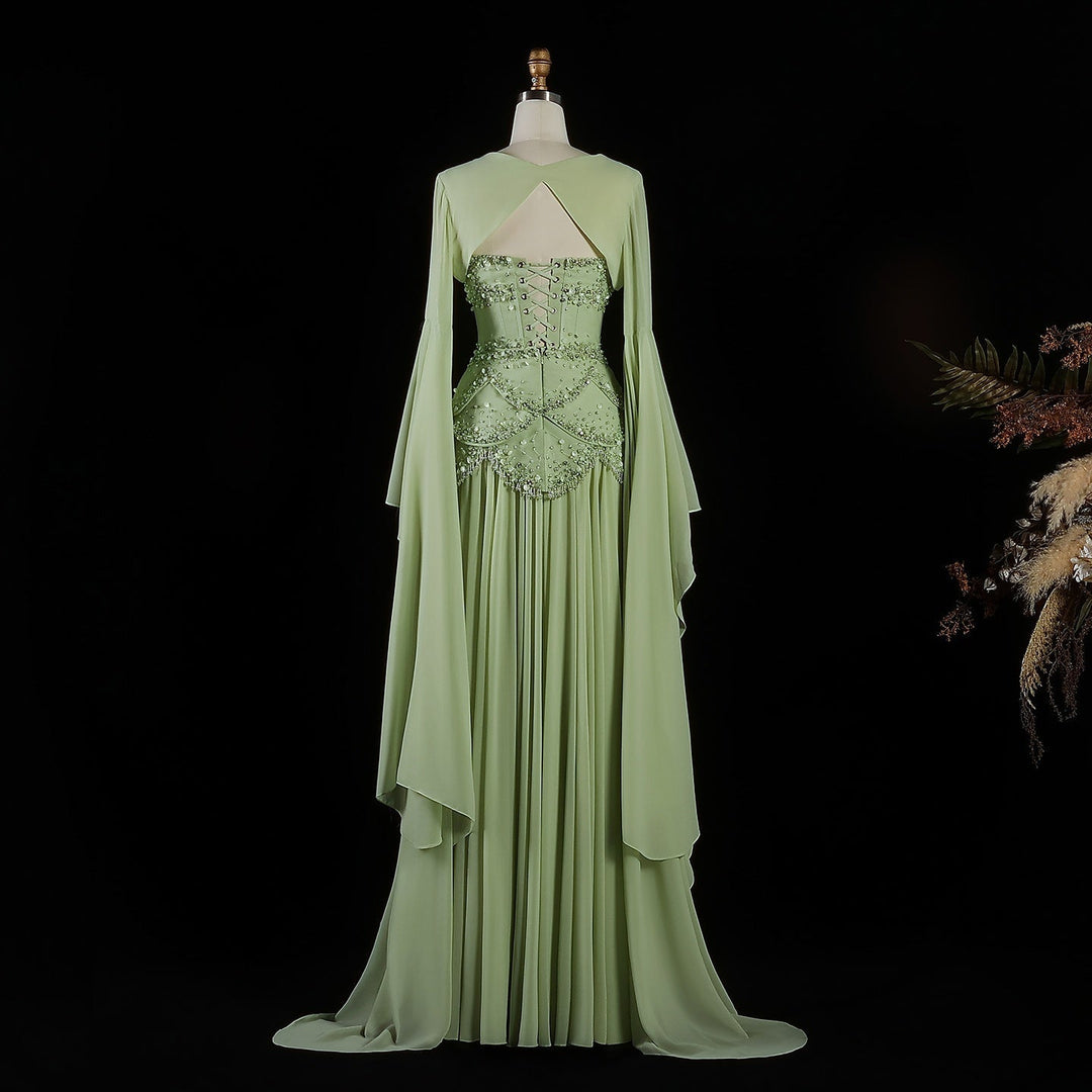 Luxury Pearls Tassel Blue Evening Dress with Flowing coat SS286