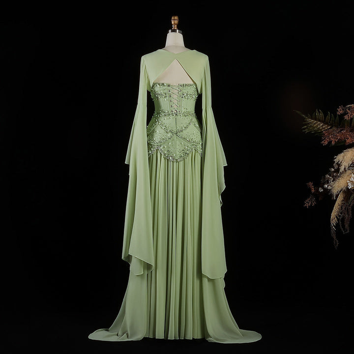Luxury Pearls Tassel Blue Evening Dress with Flowing coat SS286