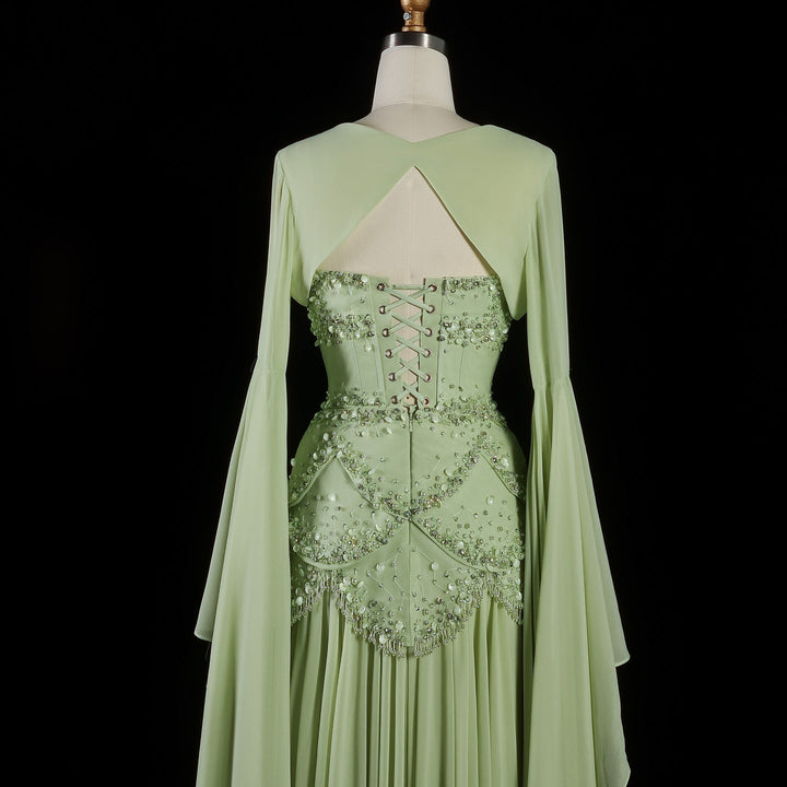 Luxury Pearls Tassel Blue Evening Dress with Flowing coat SS286