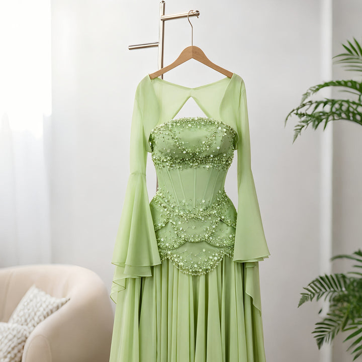 Luxury Pearls Tassel Blue Evening Dress with Flowing coat SS286