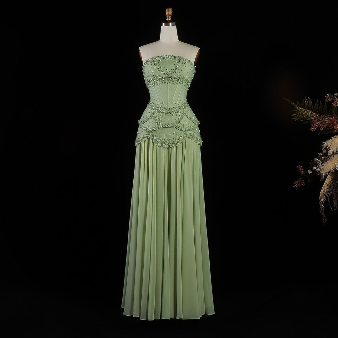 Luxury Pearls Tassel Blue Evening Dress with Flowing coat SS286