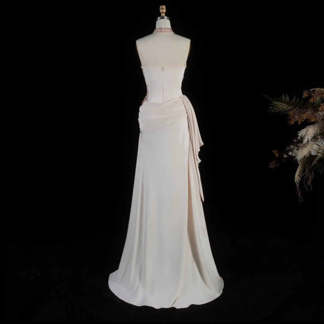 Elegant Beige Satin Evening Dress with Crystal Beaded Corset SS242