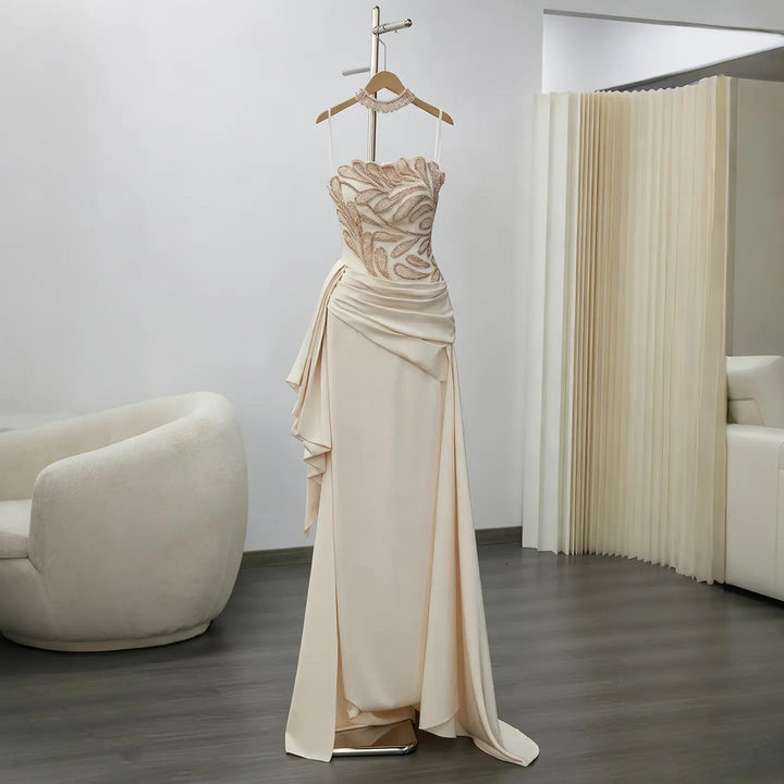 Elegant Beige Satin Evening Dress with Crystal Beaded Corset SS242