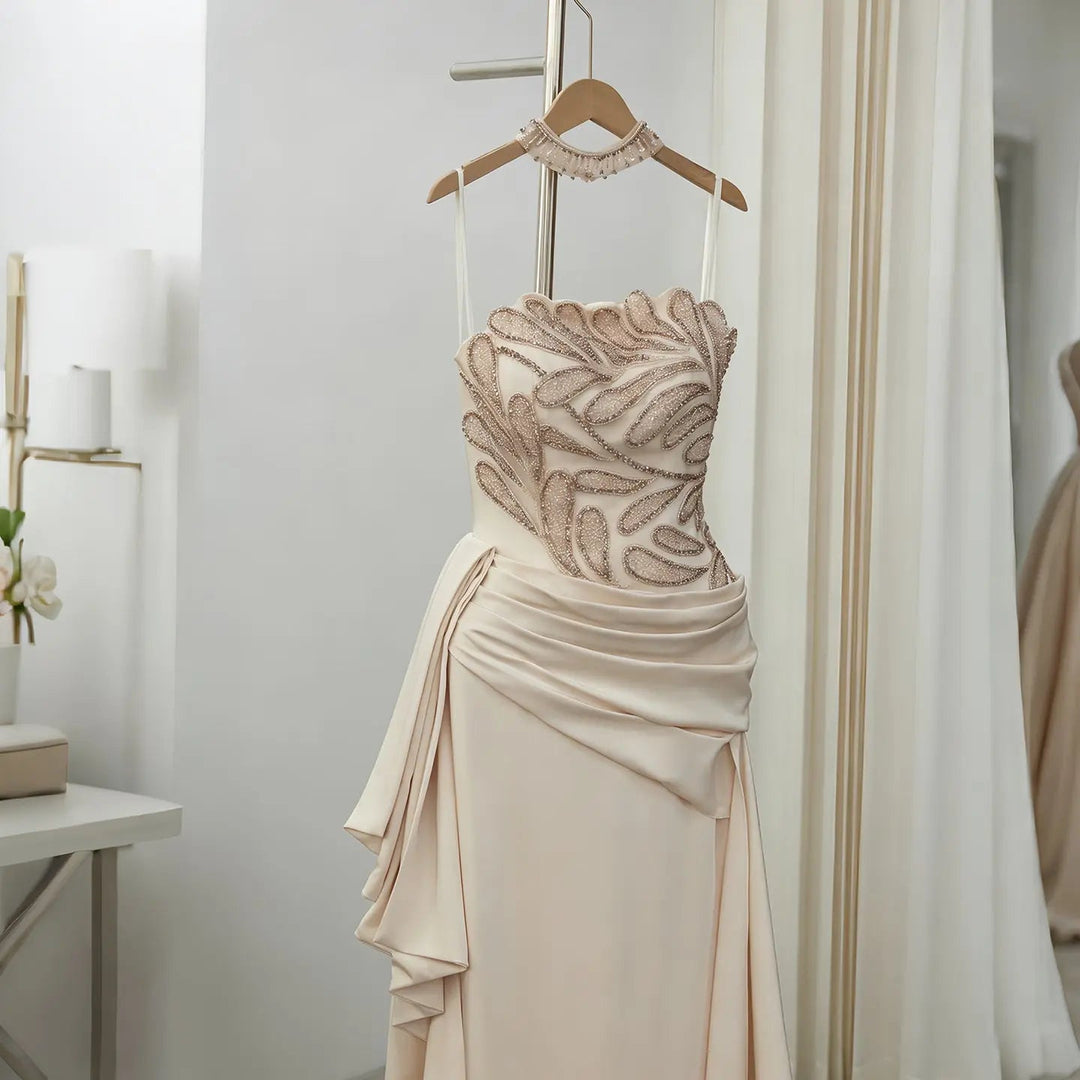 Elegant Beige Satin Evening Dress with Crystal Beaded Corset SS242