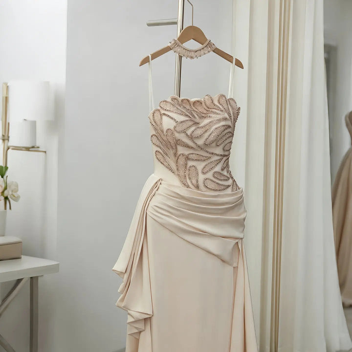 Elegant Beige Satin Evening Dress with Crystal Beaded Corset SS242