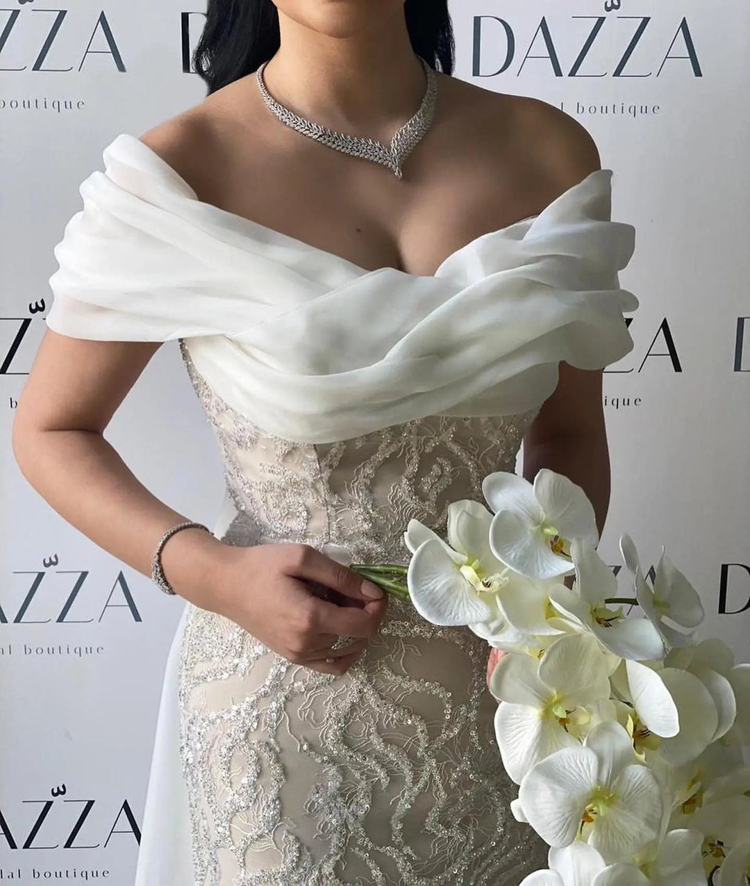 Elegant Off-Shoulder White Mermaid Evening Dress Beaded with Train SS636