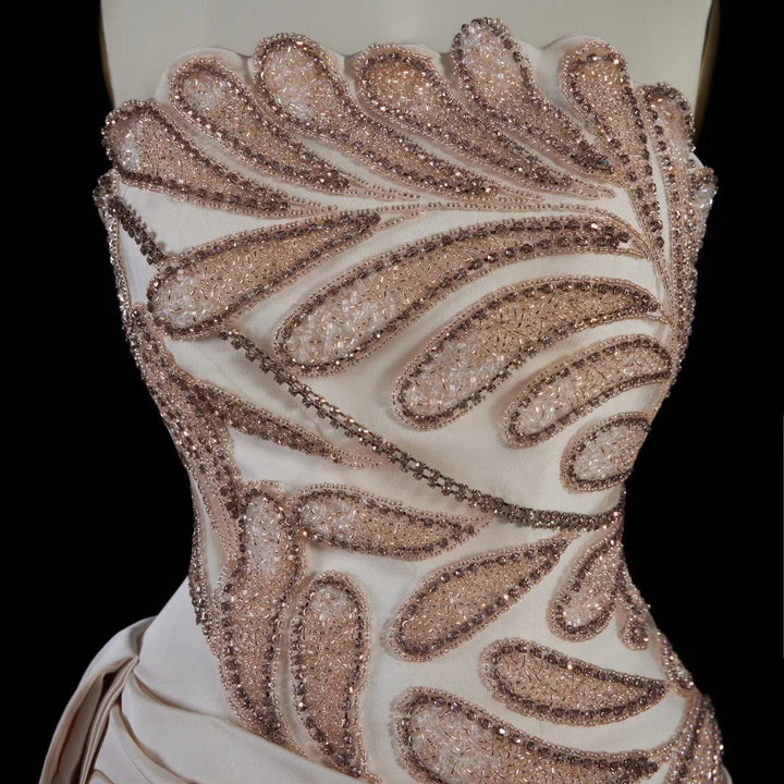 Elegant Beige Satin Evening Dress with Crystal Beaded Corset SS242