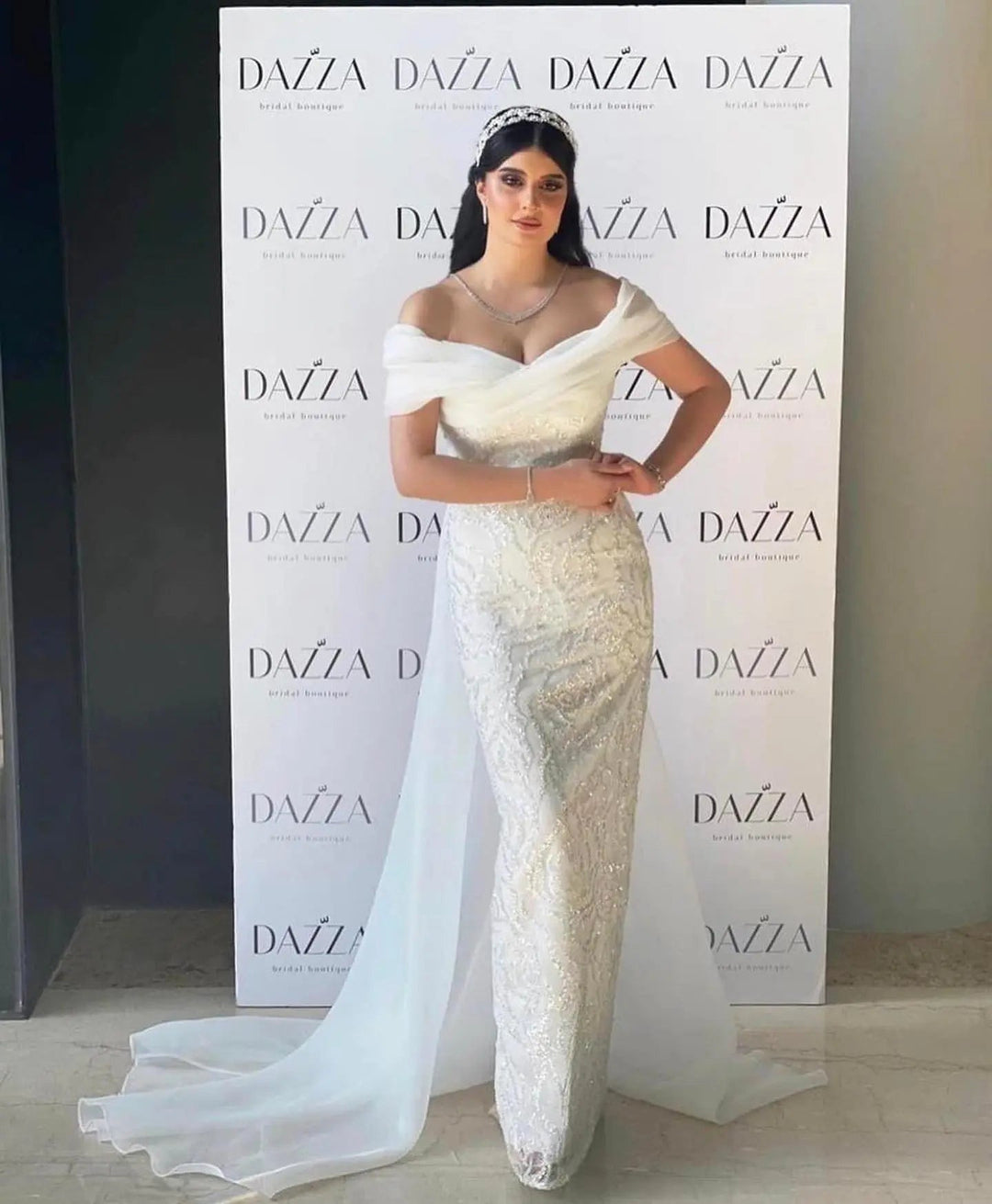 Elegant Off-Shoulder White Mermaid Evening Dress Beaded with Train SS636