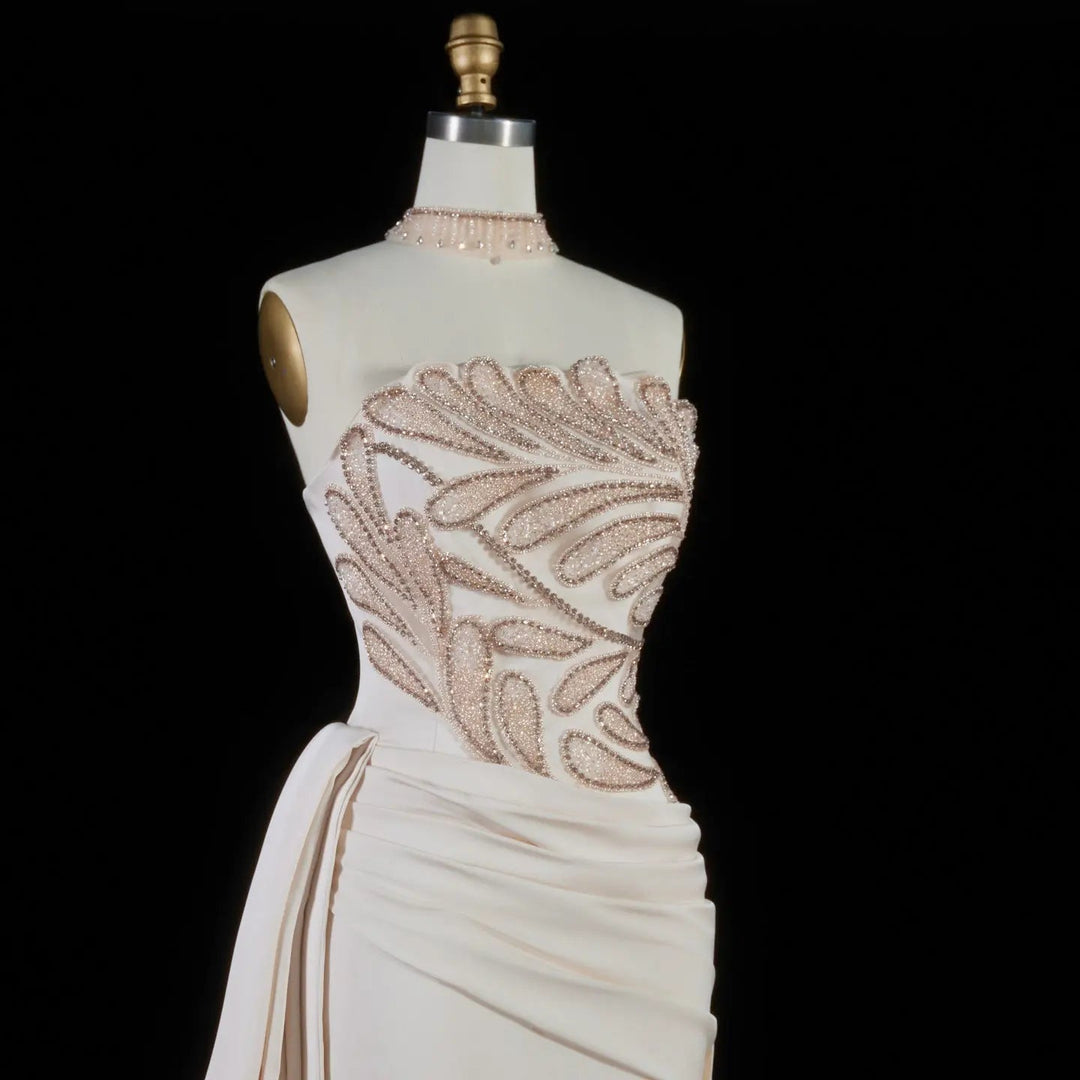 Elegant Beige Satin Evening Dress with Crystal Beaded Corset SS242