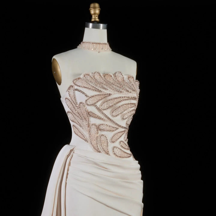 Elegant Beige Satin Evening Dress with Crystal Beaded Corset SS242