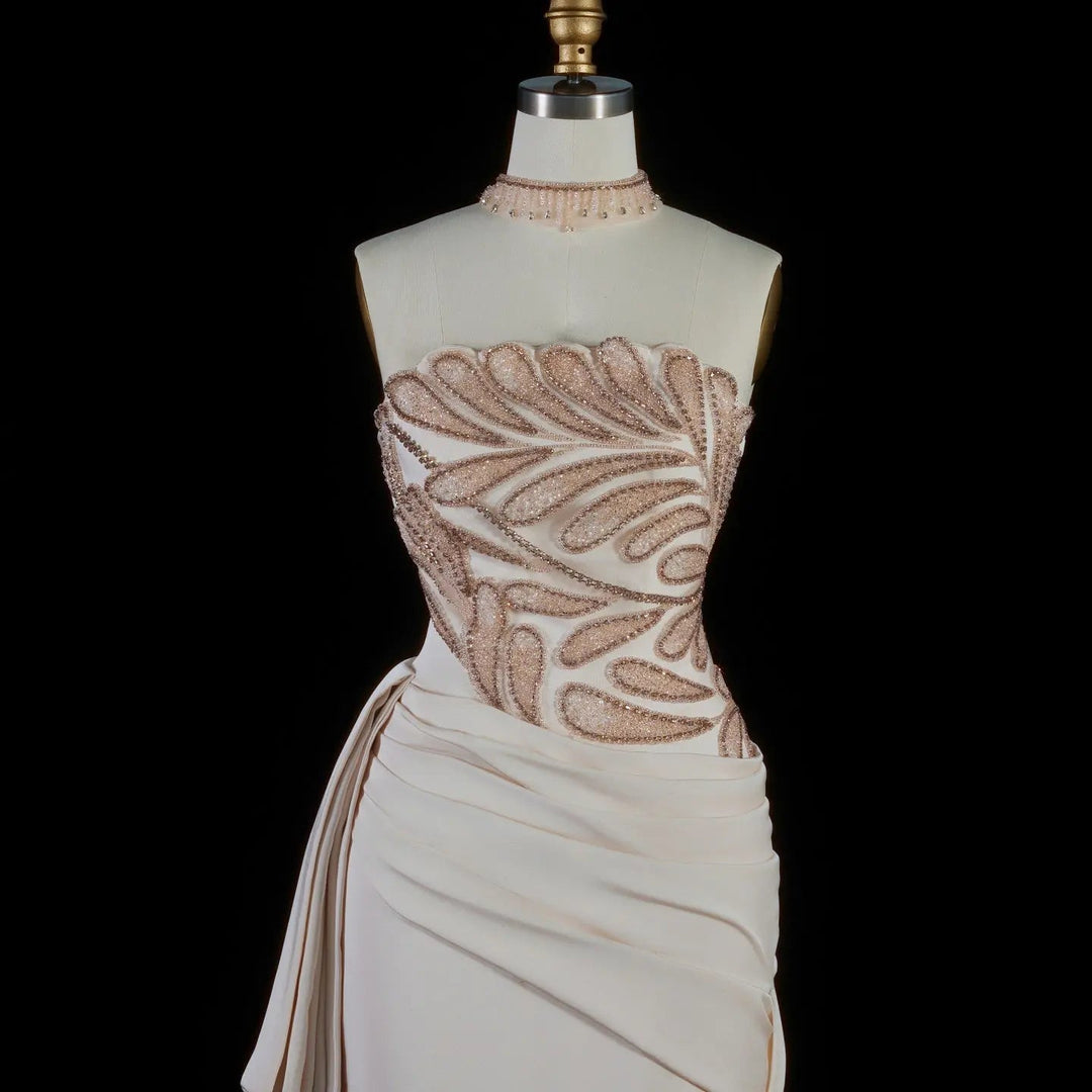 Elegant Beige Satin Evening Dress with Crystal Beaded Corset SS242