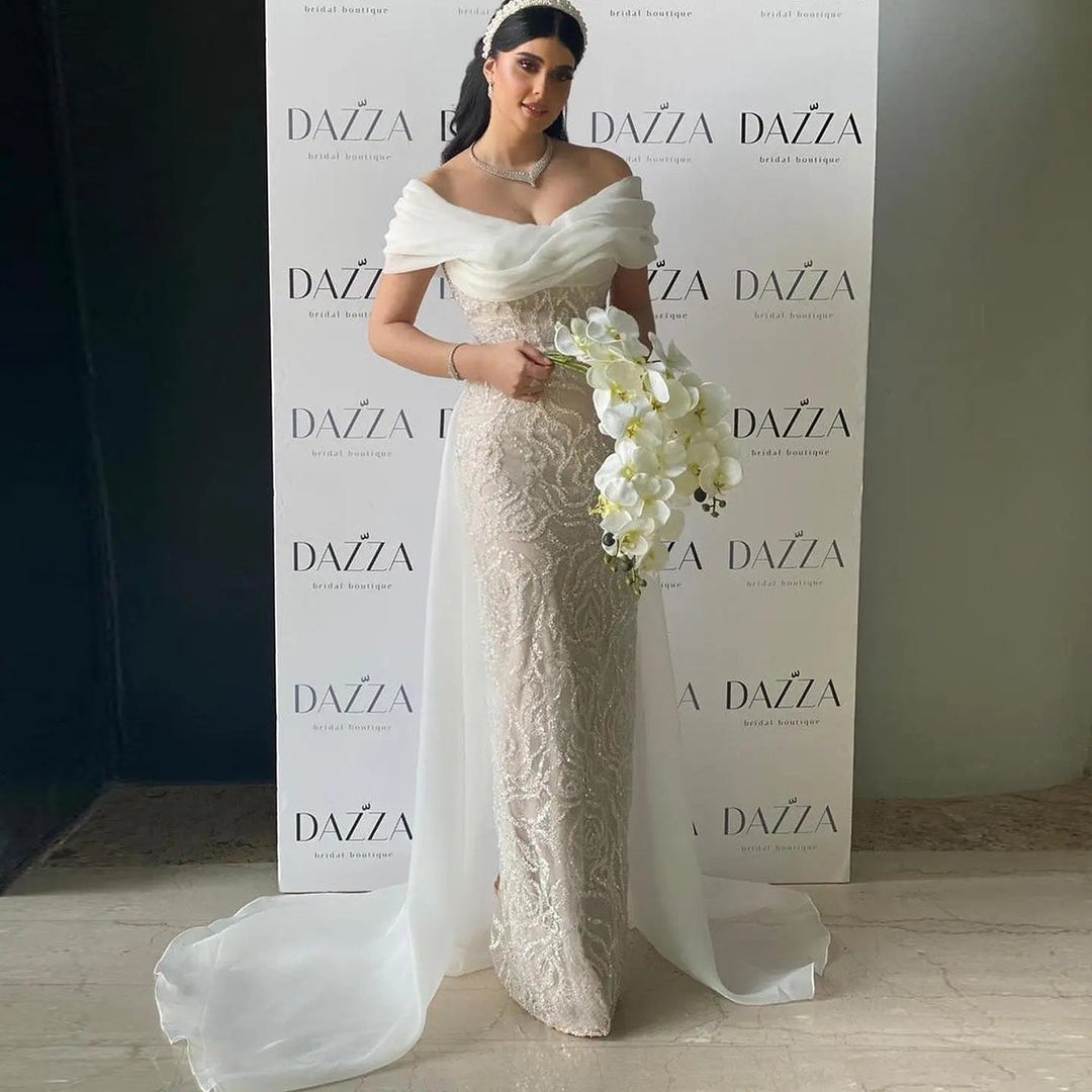 Elegant Off-Shoulder White Mermaid Evening Dress Beaded with Train SS636