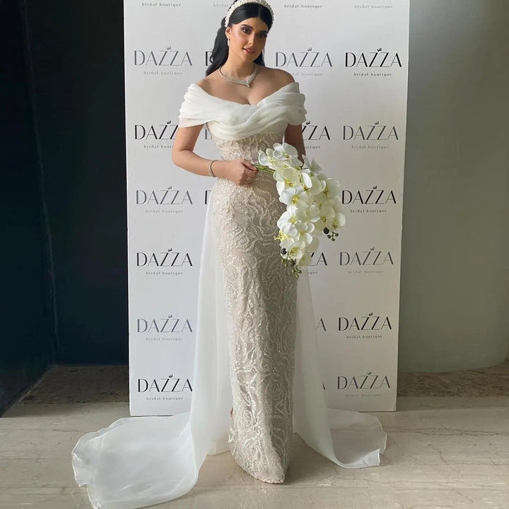 Elegant Off-Shoulder White Mermaid Evening Dress Beaded with Train SS636