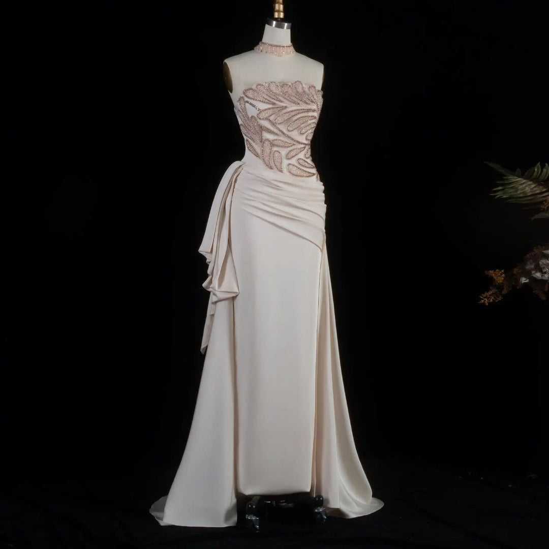 Elegant Beige Satin Evening Dress with Crystal Beaded Corset SS242