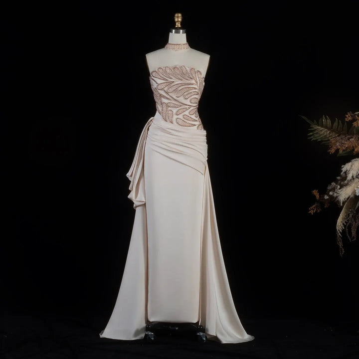 Elegant Beige Satin Evening Dress with Crystal Beaded Corset SS242