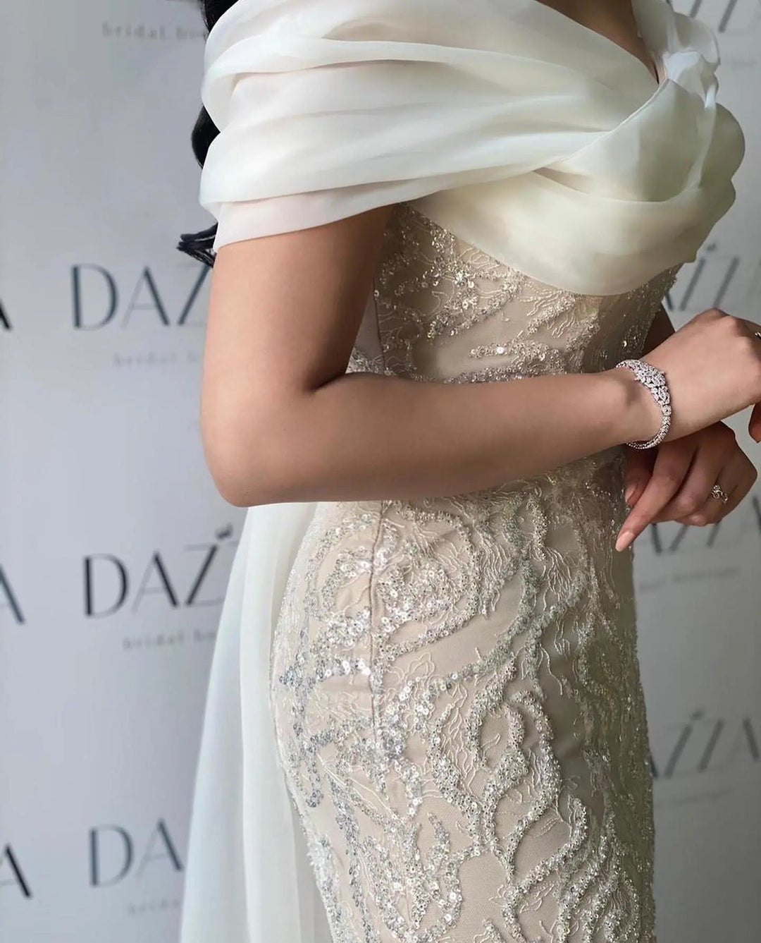 Elegant Off-Shoulder White Mermaid Evening Dress Beaded with Train SS636