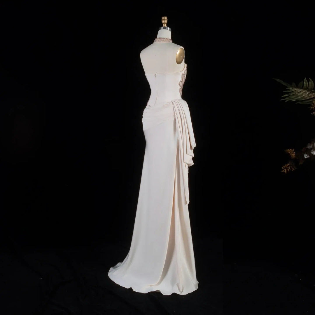Elegant Beige Satin Evening Dress with Crystal Beaded Corset SS242