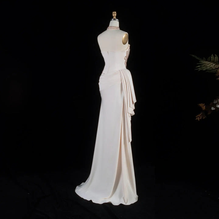 Elegant Beige Satin Evening Dress with Crystal Beaded Corset SS242