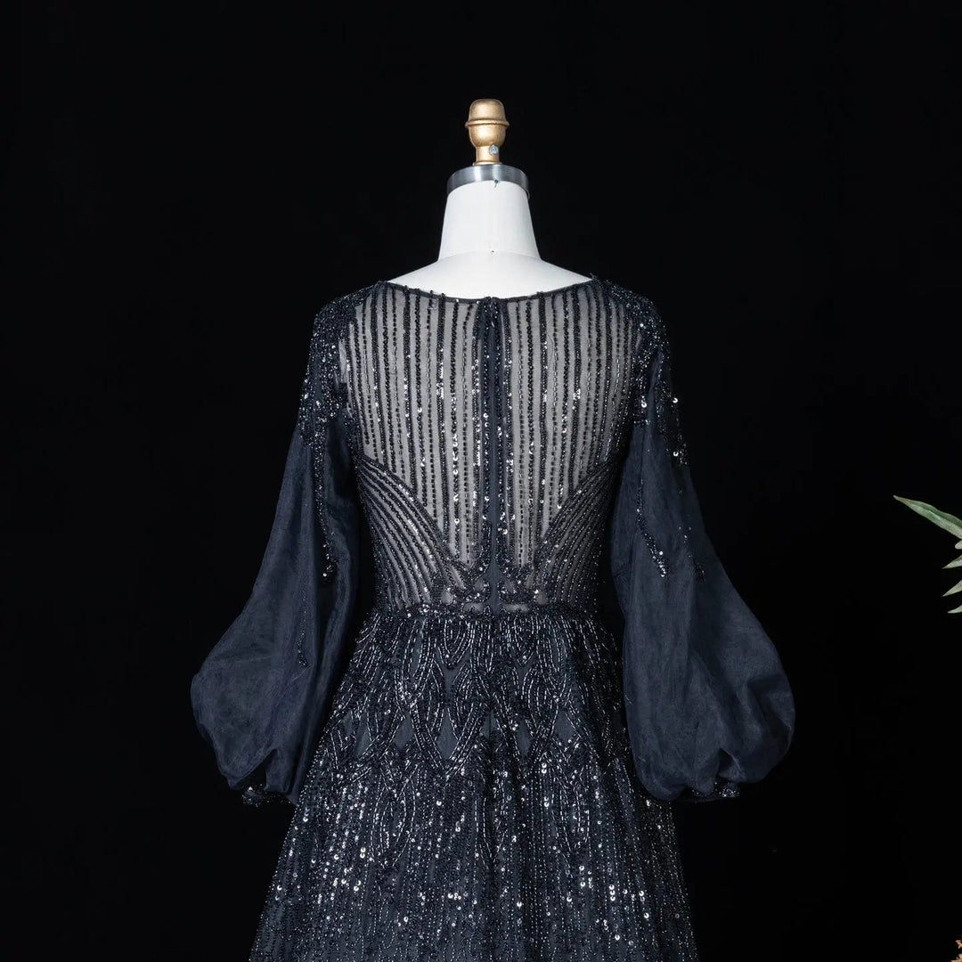 Beaded V Neck Lantern Sleeve A-Line Prom Evening Dress SS057