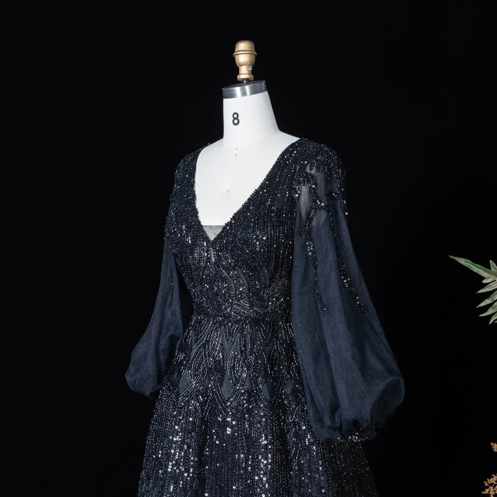 Beaded V Neck Lantern Sleeve A-Line Prom Evening Dress SS057