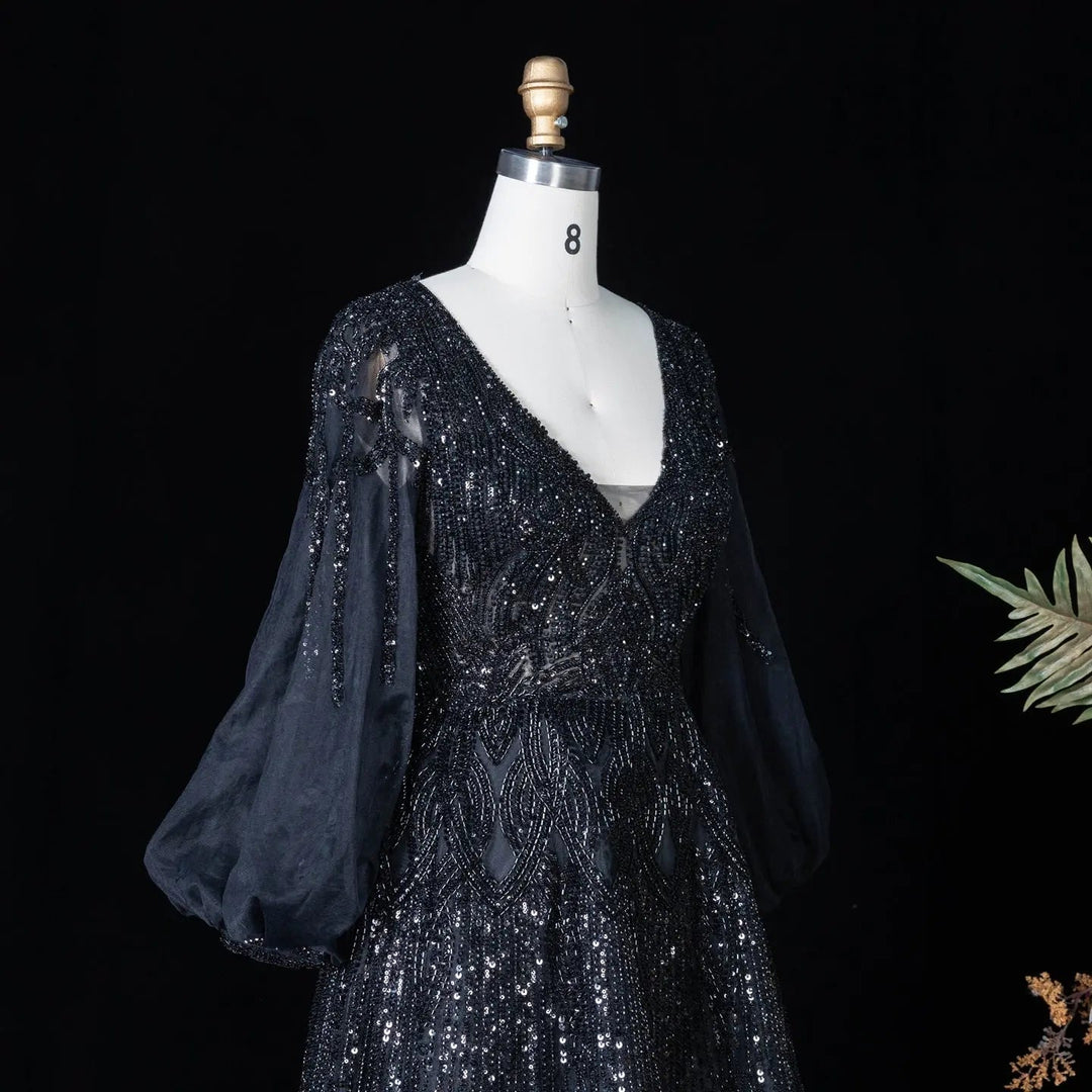 Beaded V Neck Lantern Sleeve A-Line Prom Evening Dress SS057